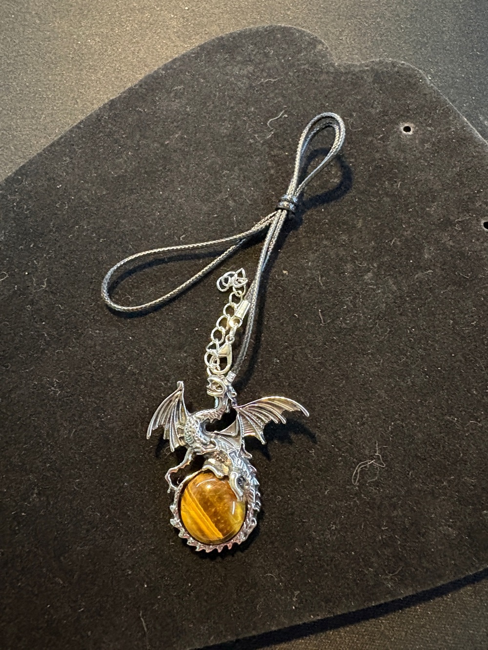 Tiger Eye Dragon Pendant Necklace - Silver Tone Dragon with Brown Tiger Eye
